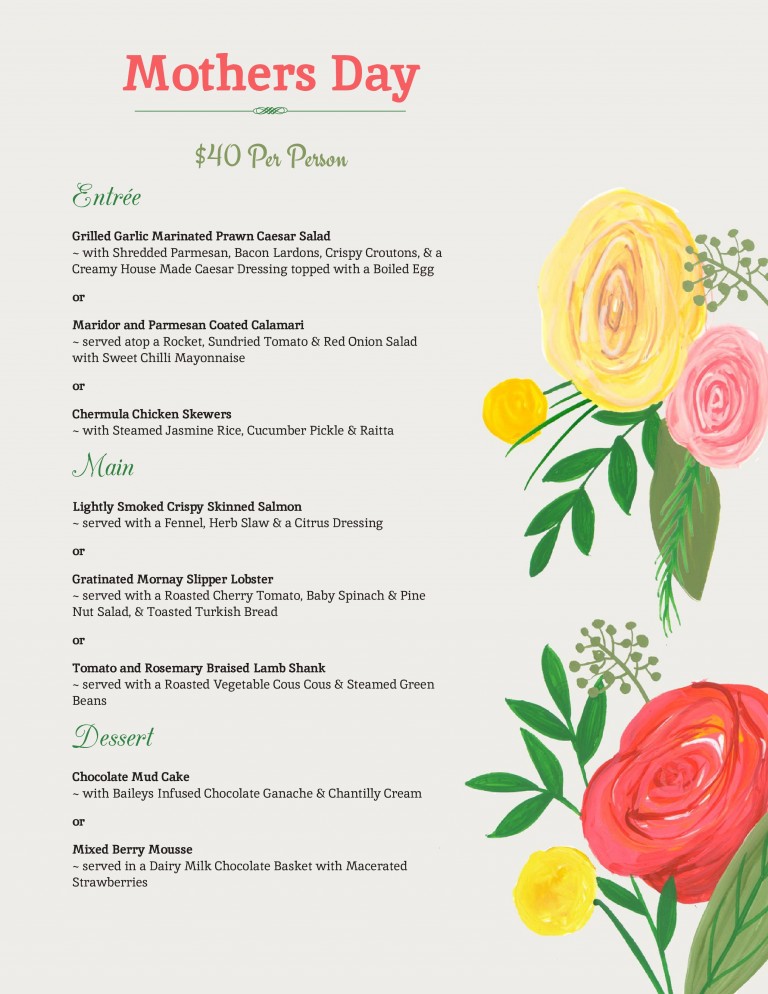 Mothers Day Menu - Mount Isa Irish Club